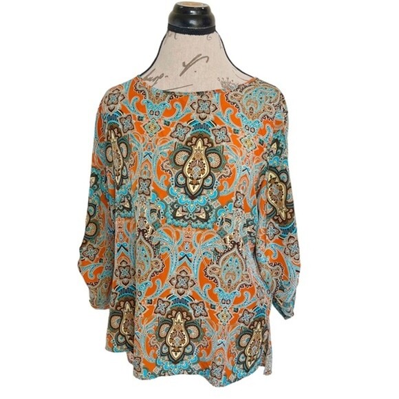Akoz Womens Blouse Boho Bohemian Long Rolled Up Button Sleeve Size Large Retro - Picture 1 of 12